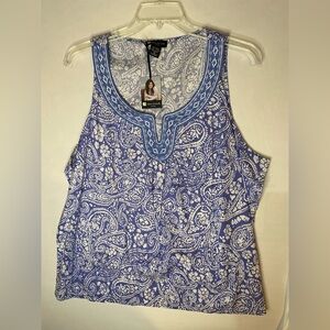 Valerie Bertinelli Blue and White Paisley Tank Top